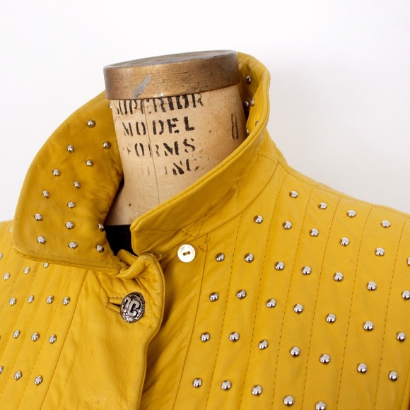 1960s vintage  manteau cuir jaune clouté yellow leather studded  jacket coat - Picture 9 of 16